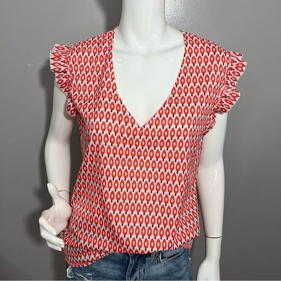 NWT Recycled Orange Graphic Print V-Neck Ruffle Sleeve Top -- L - Picture 5 of 12